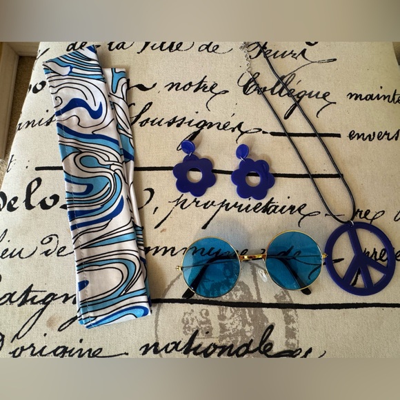 60s Groovy Hippie Blue & White Dress Headband & Accessories  Costume XXL - Picture 2 of 4